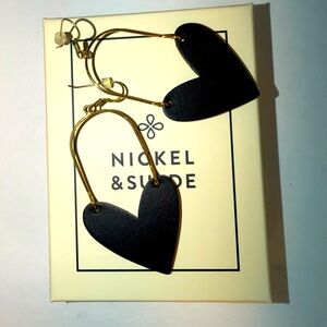 Nickel & Suede Black Leather Heart Arch Earrings | Gold Arched Dangle | EUC